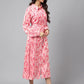 Janasya Women's Peach Satin Digital Floral Printed A-line Casual Dress | Swadesiicart