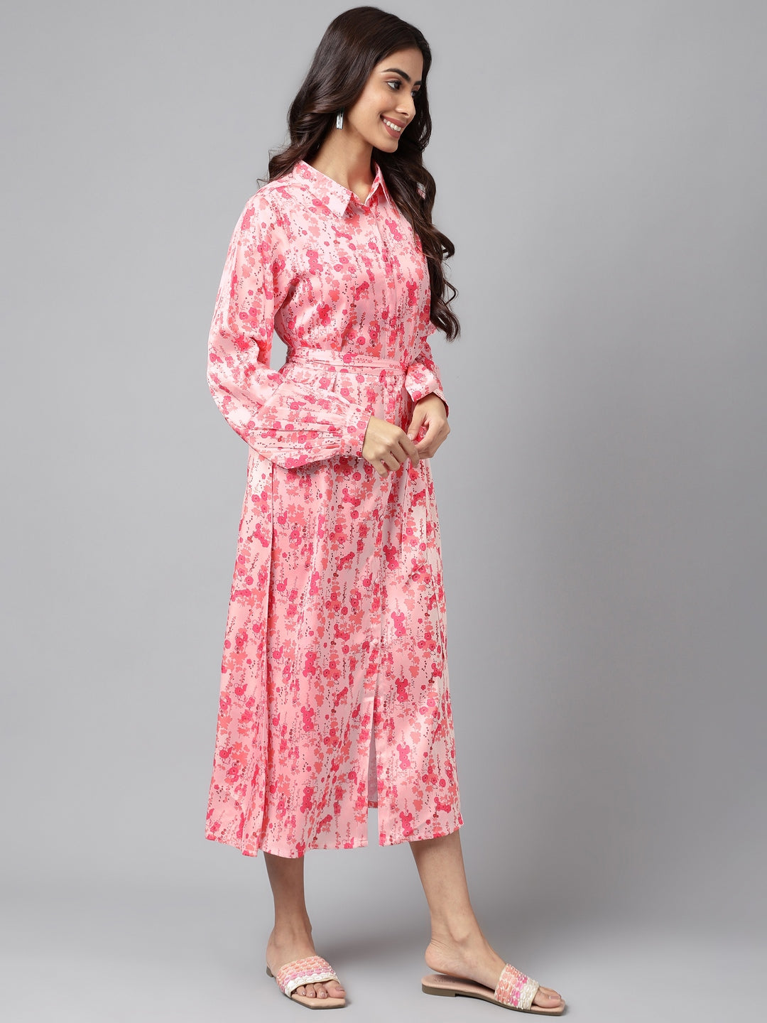Janasya Women's Peach Satin Digital Floral Printed A-line Casual Dress | Swadesiicart