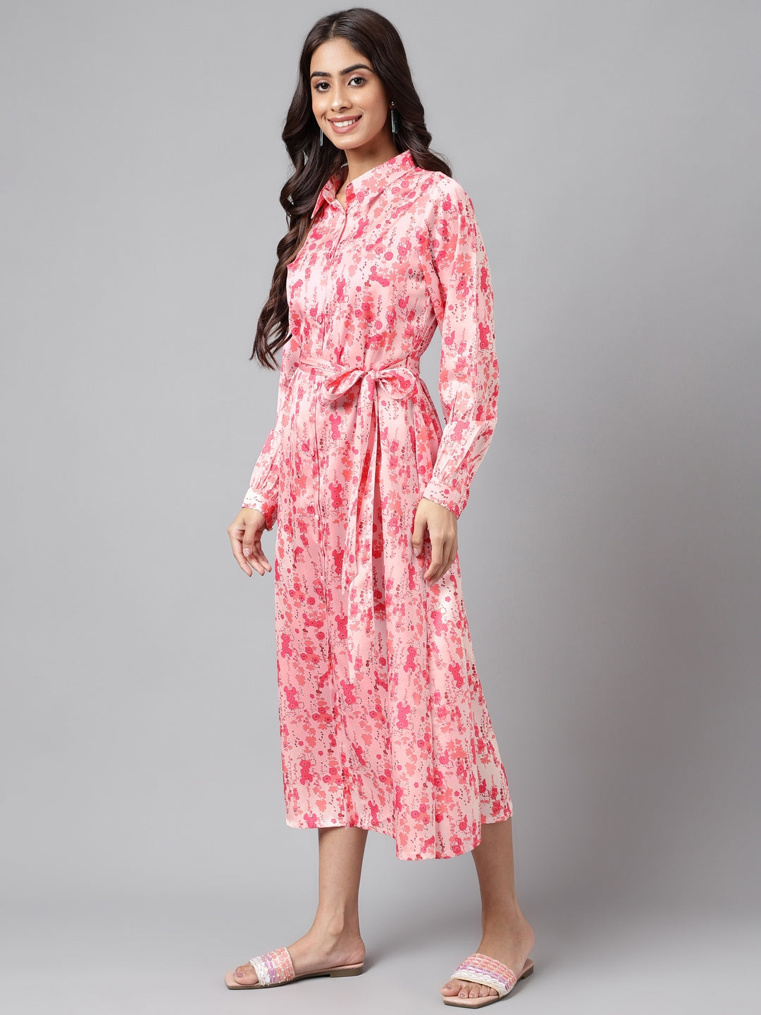 Janasya Women's Peach Satin Digital Floral Printed A-line Casual Dress | Swadesiicart