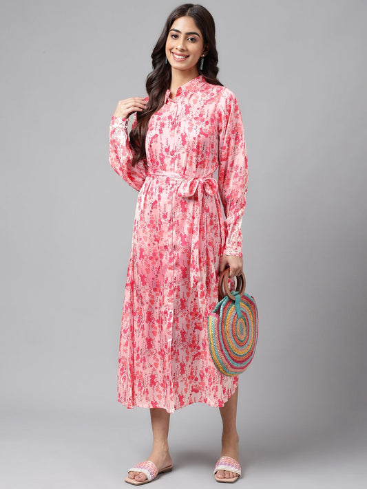 Janasya Women's Peach Satin Digital Floral Printed A-line Casual Dress | Swadesiicart