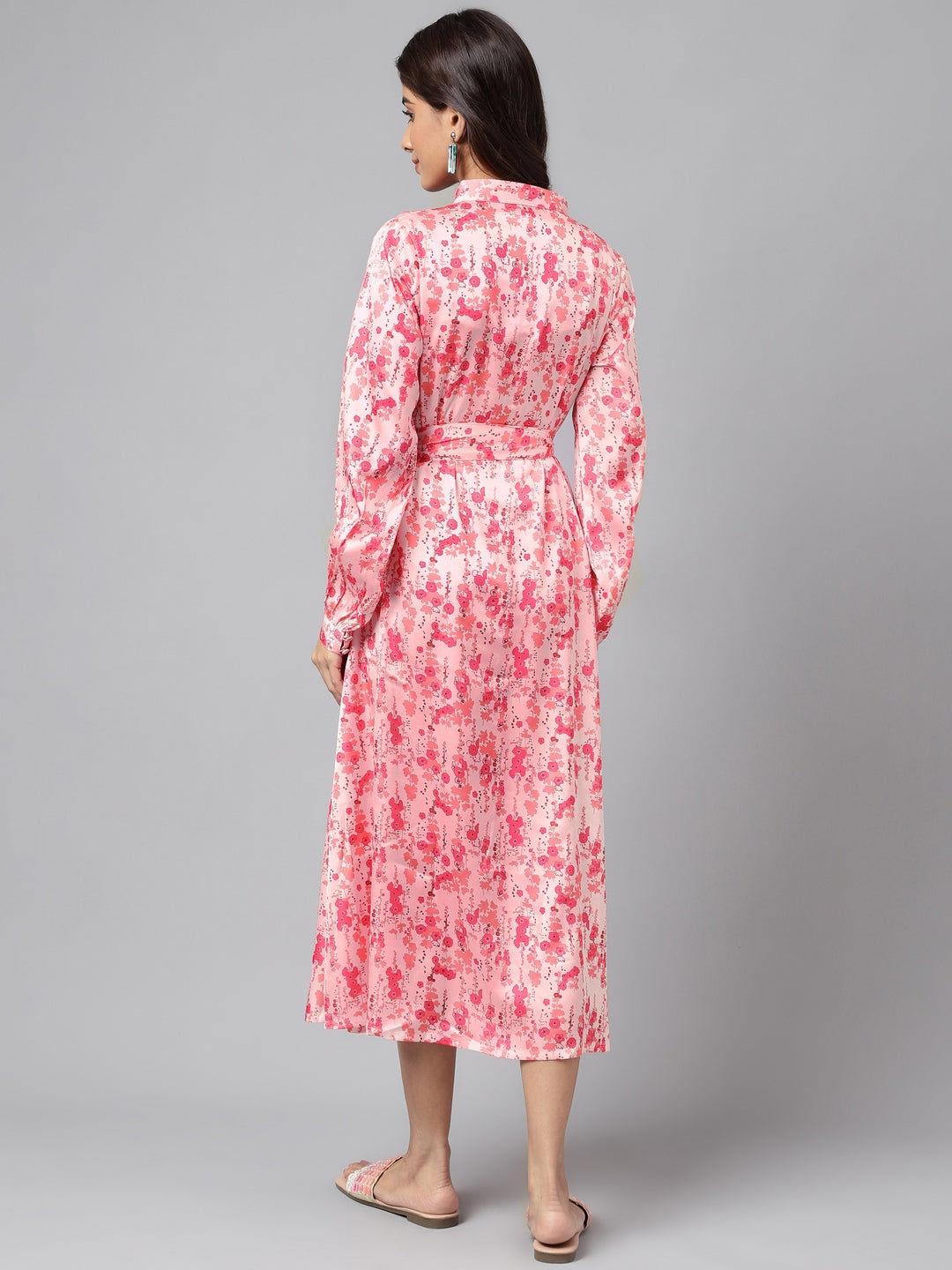 Janasya Women's Peach Satin Digital Floral Printed A-line Casual Dress | Swadesiicart