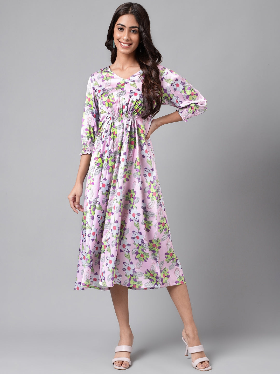 Janasya Women's Lavender Satin Digital Floral Printed A-line Casual Dress | Swadesiicart