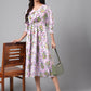 Janasya Women's Lavender Satin Digital Floral Printed A-line Casual Dress | Swadesiicart