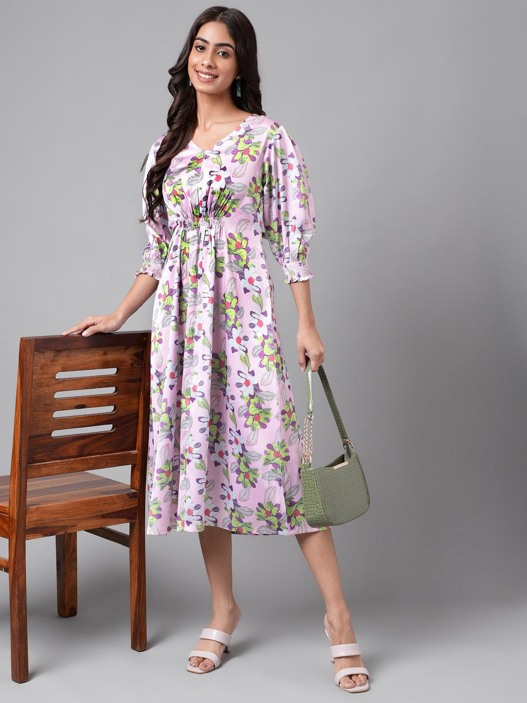 Janasya Women's Lavender Satin Digital Floral Printed A-line Casual Dress | Swadesiicart