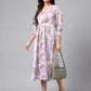 Janasya Women's Lavender Satin Digital Floral Printed A-line Casual Dress | Swadesiicart