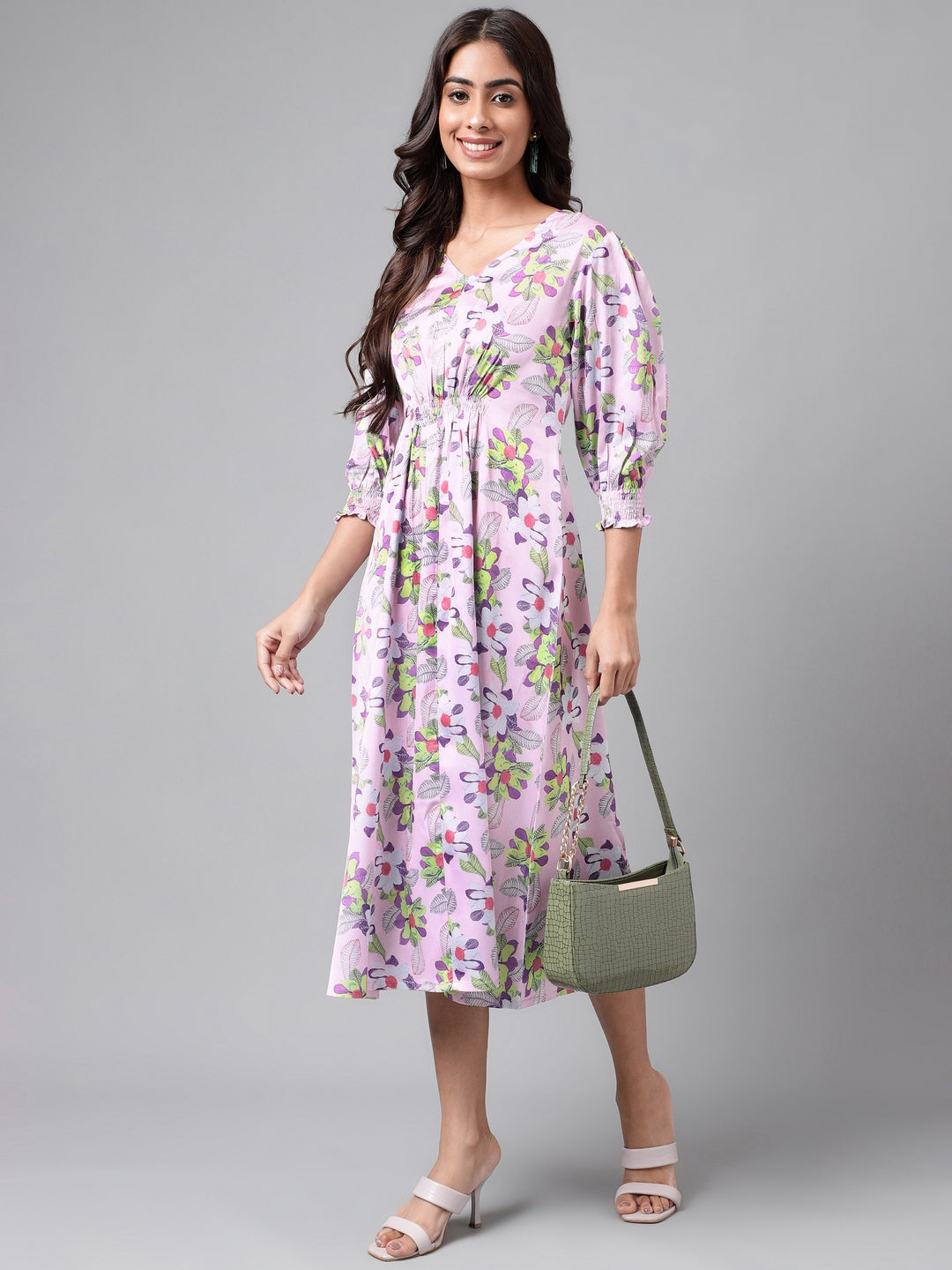 Janasya Women's Lavender Satin Digital Floral Printed A-line Casual Dress | Swadesiicart