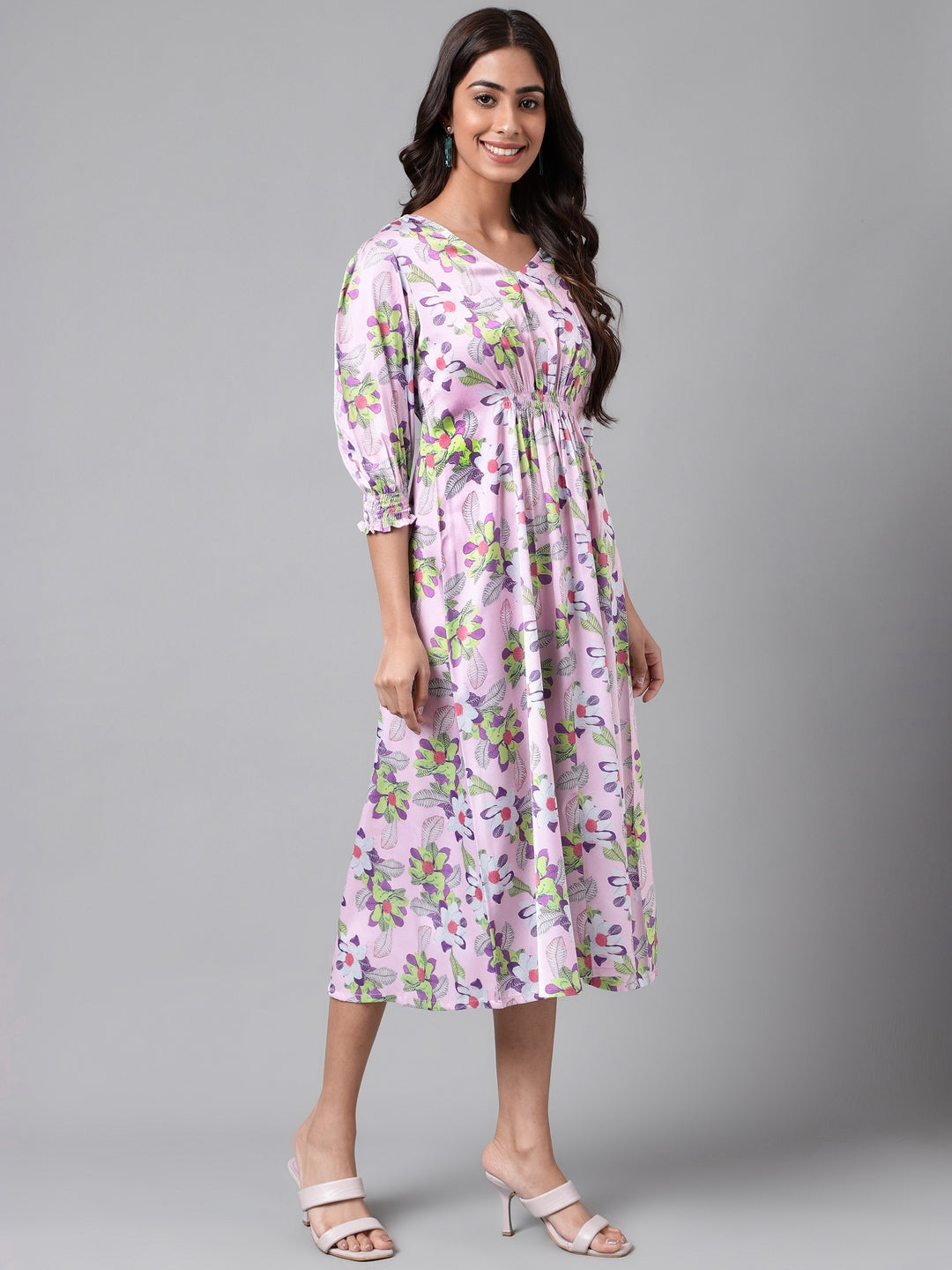 Janasya Women's Lavender Satin Digital Floral Printed A-line Casual Dress | Swadesiicart