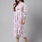 Janasya Women's Lavender Satin Digital Floral Printed A-line Casual Dress | Swadesiicart
