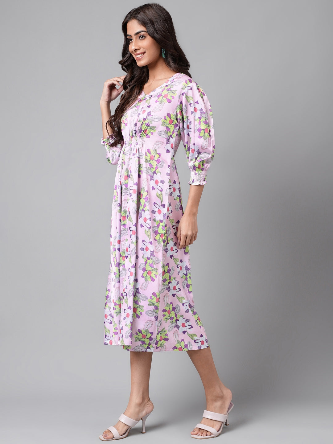 Janasya Women's Lavender Satin Digital Floral Printed A-line Casual Dress | Swadesiicart