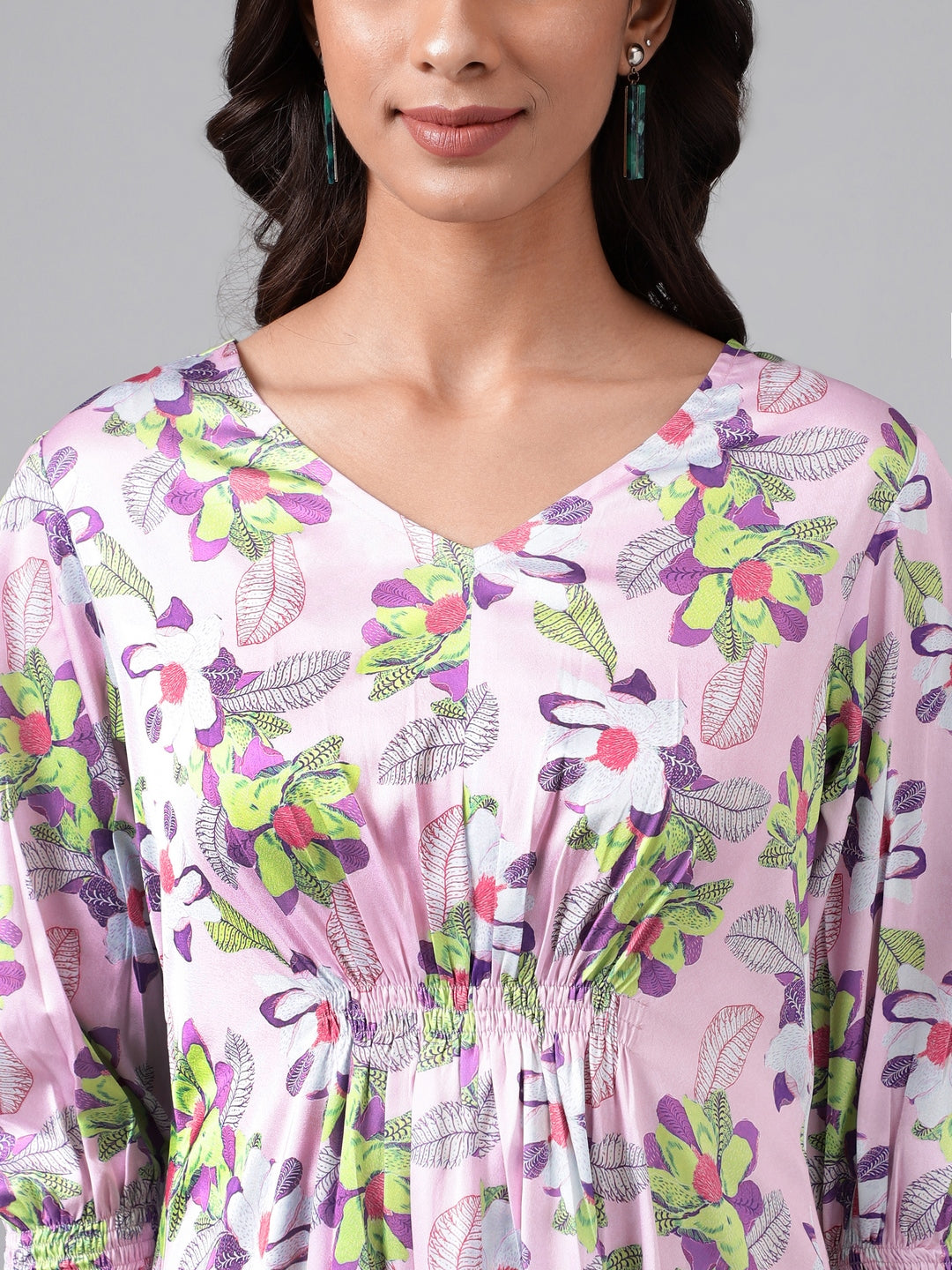 Janasya Women's Lavender Satin Digital Floral Printed A-line Casual Dress | Swadesiicart
