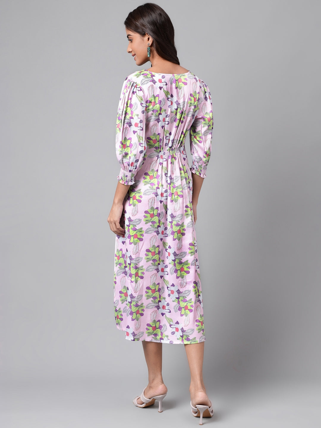 Janasya Women's Lavender Satin Digital Floral Printed A-line Casual Dress | Swadesiicart