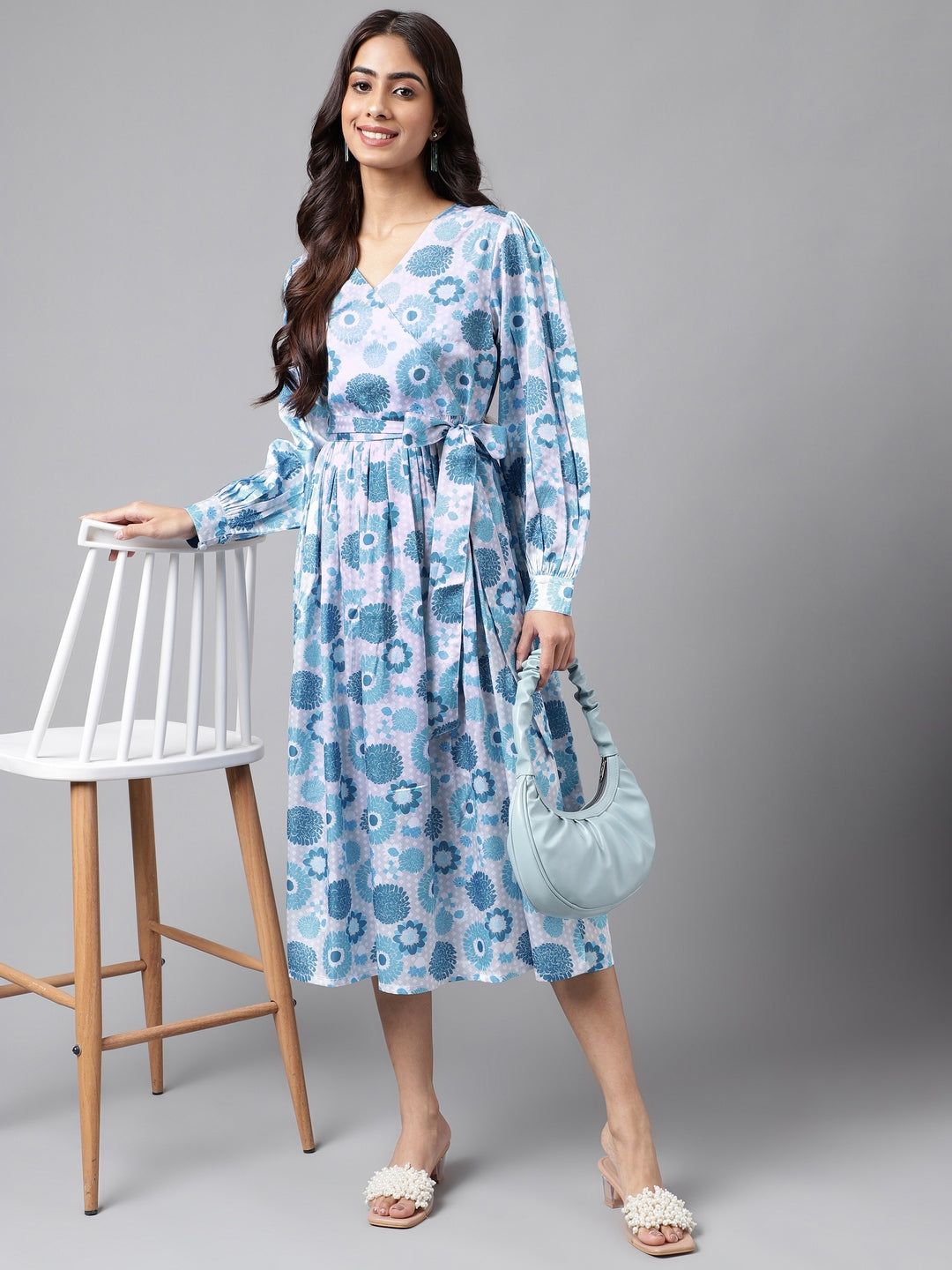 Janasya Women's Grey Satin Digital Floral Printed Flared Casual Dress | Swadesiicart