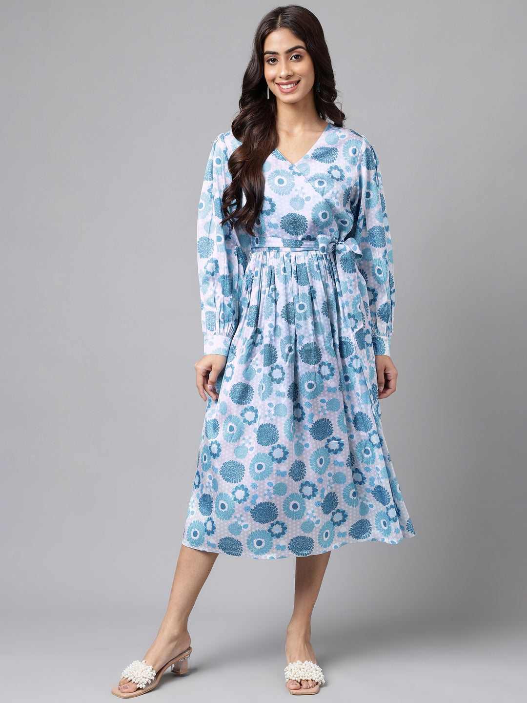 Janasya Women's Grey Satin Digital Floral Printed Flared Casual Dress | Swadesiicart