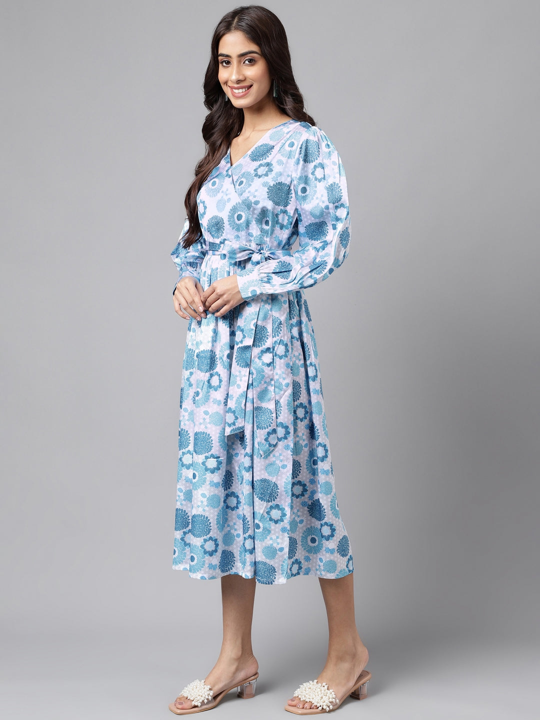 Janasya Women's Grey Satin Digital Floral Printed Flared Casual Dress | Swadesiicart