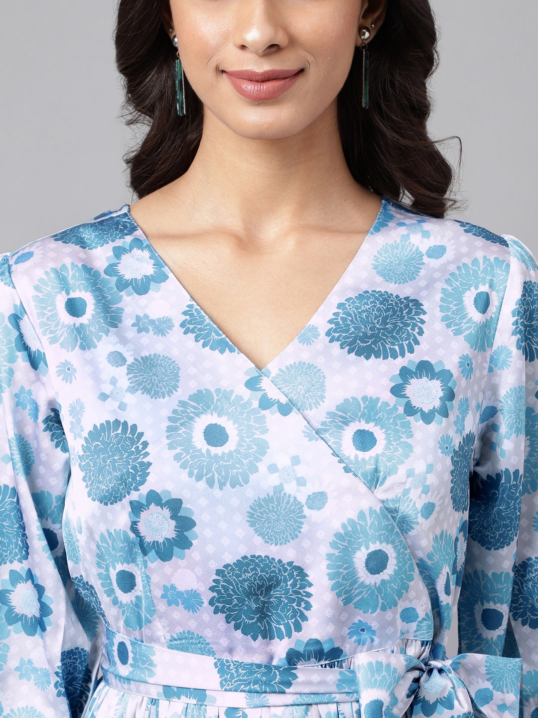 Janasya Women's Grey Satin Digital Floral Printed Flared Casual Dress | Swadesiicart