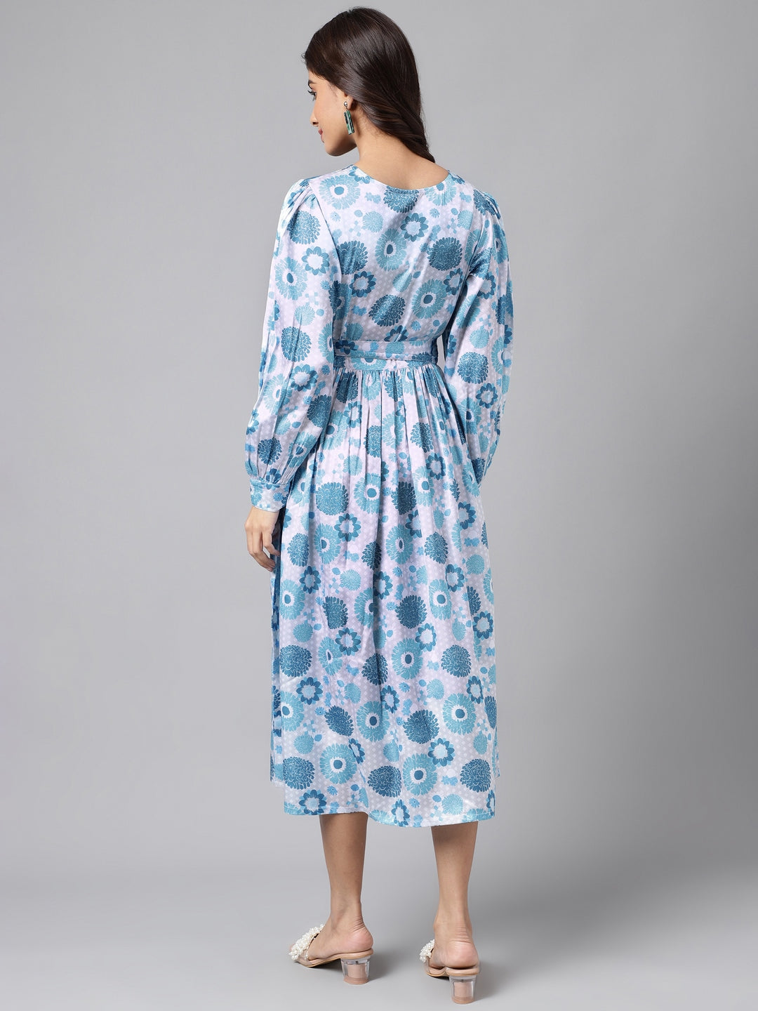 Janasya Women's Grey Satin Digital Floral Printed Flared Casual Dress | Swadesiicart