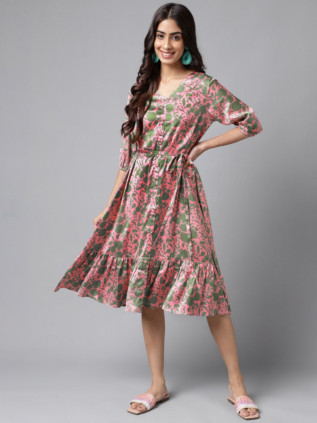Janasya Women's Pink Satin Digital Floral Printed A-line Ethnic Dress | Swadesiicart