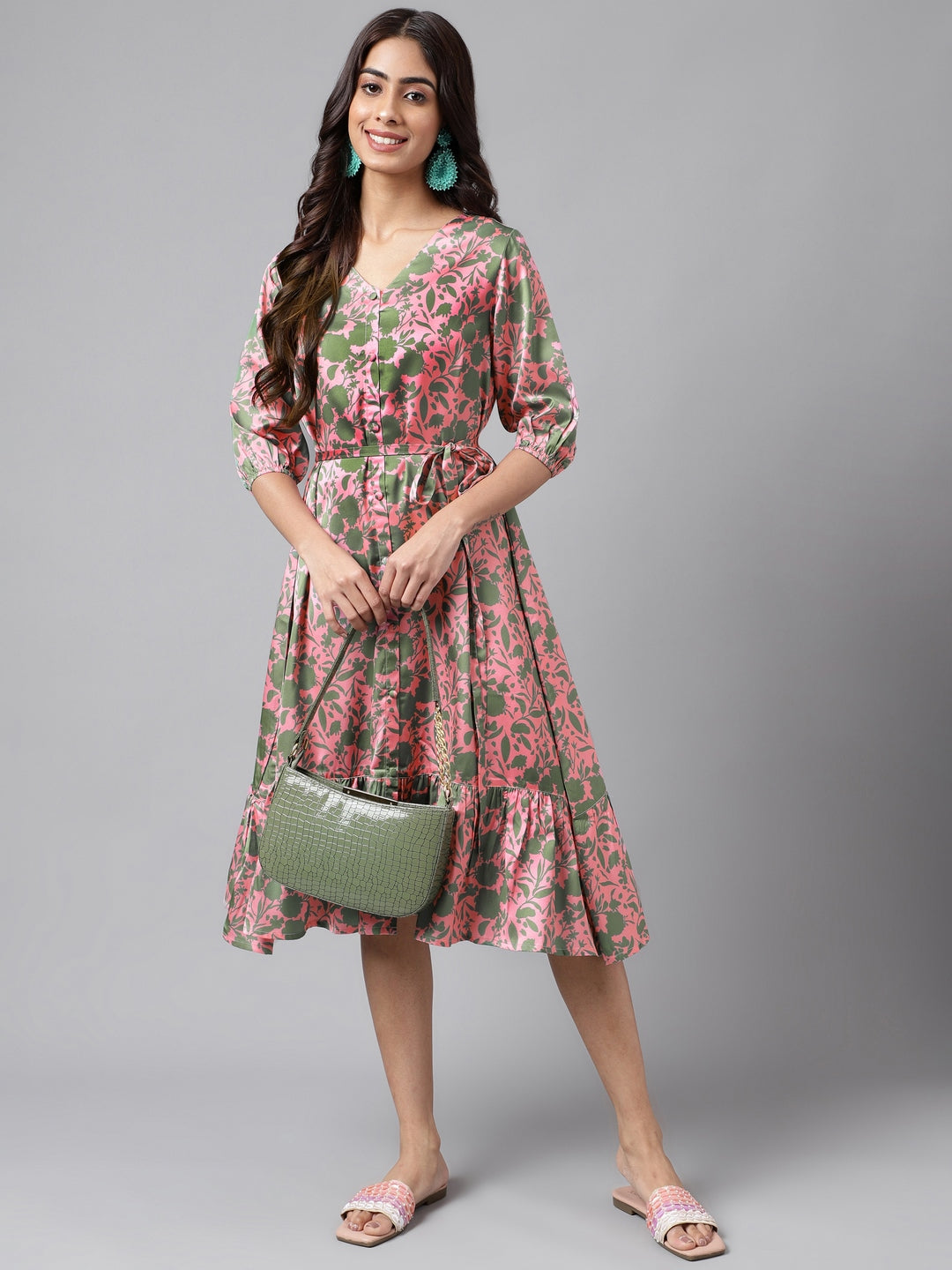 Janasya Women's Pink Satin Digital Floral Printed A-line Ethnic Dress | Swadesiicart