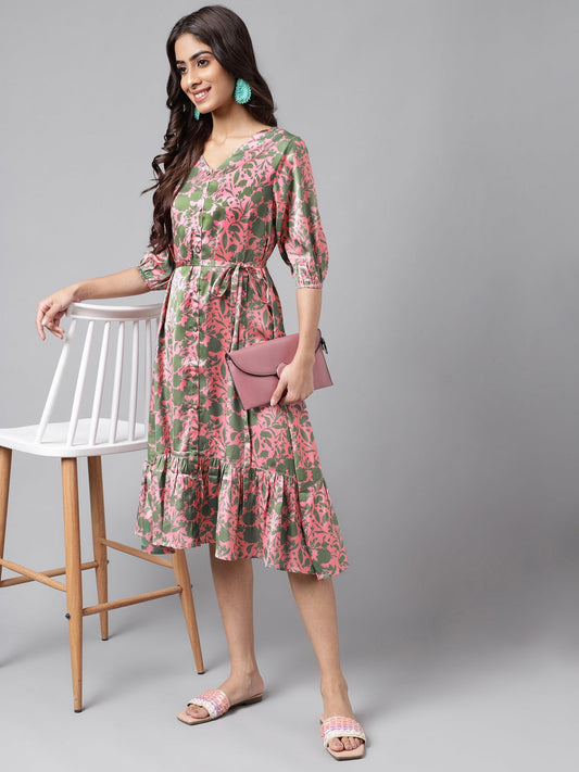 Janasya Women's Pink Satin Digital Floral Printed A-line Ethnic Dress | Swadesiicart