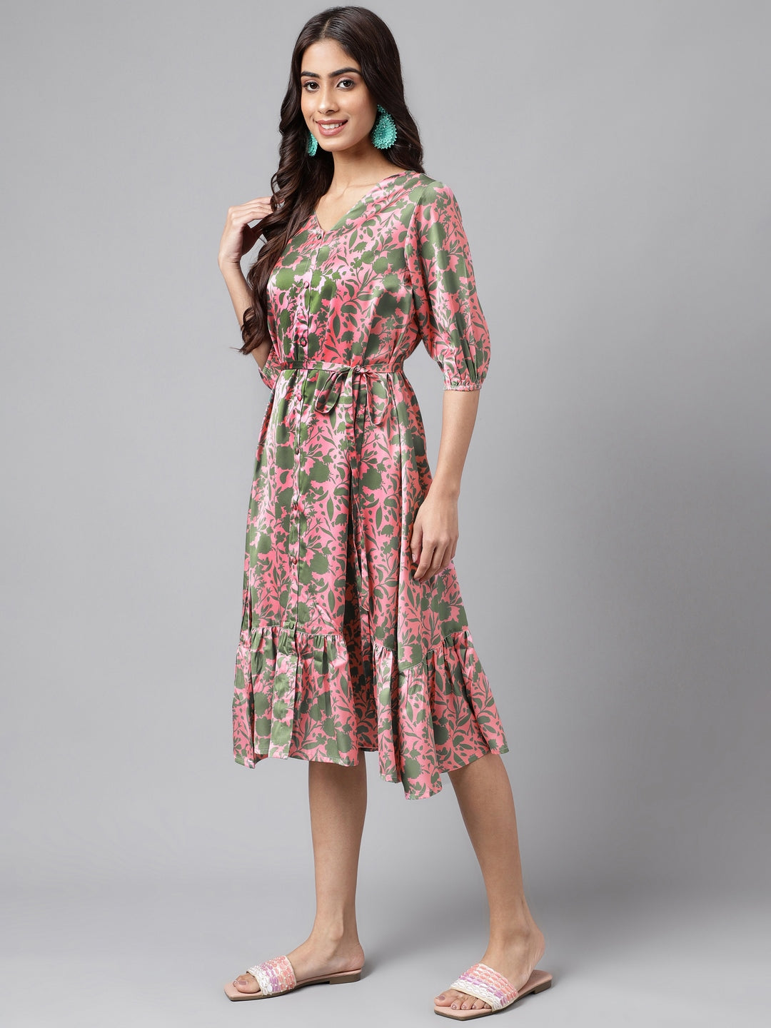 Janasya Women's Pink Satin Digital Floral Printed A-line Ethnic Dress | Swadesiicart