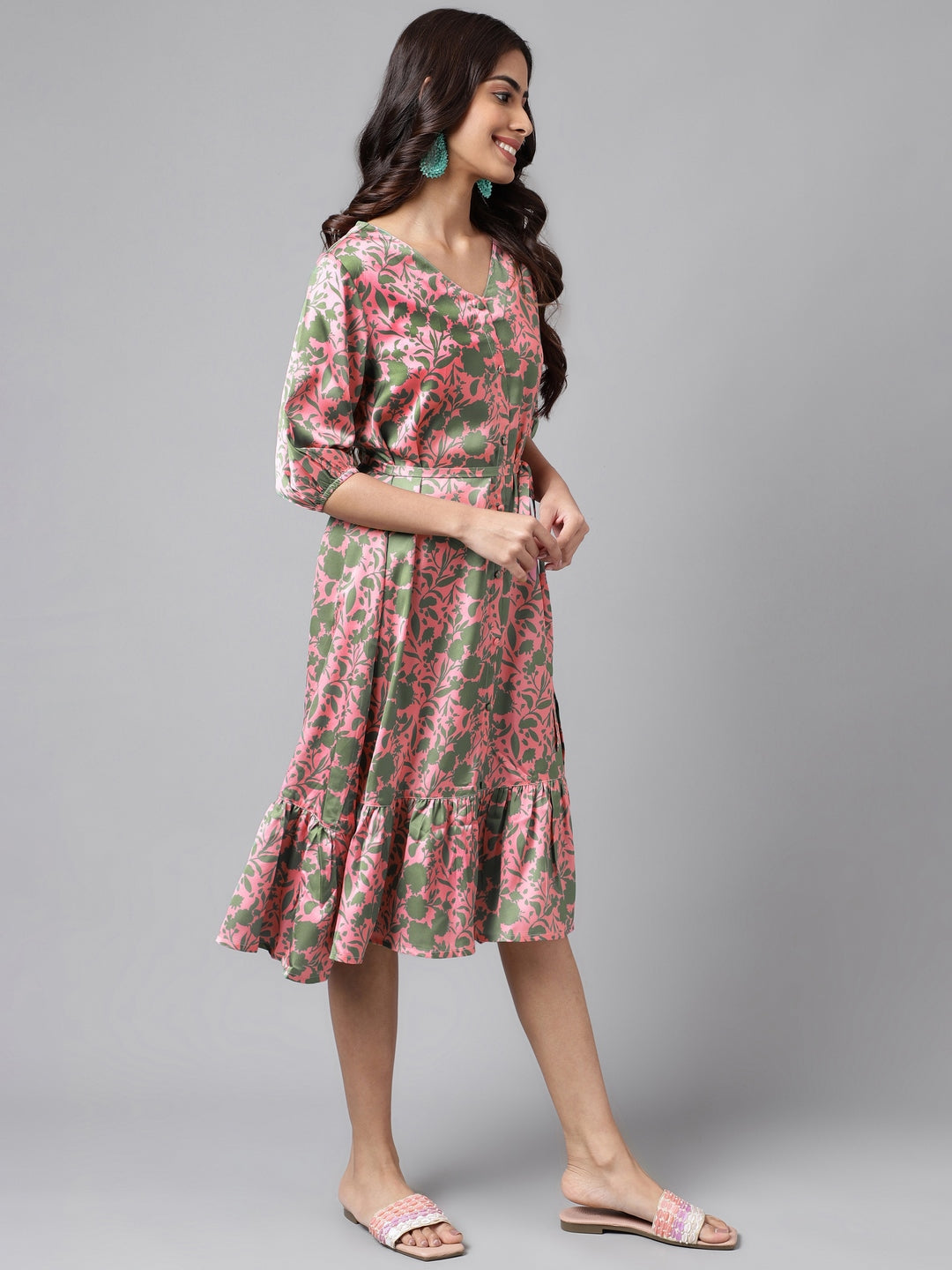 Janasya Women's Pink Satin Digital Floral Printed A-line Ethnic Dress | Swadesiicart