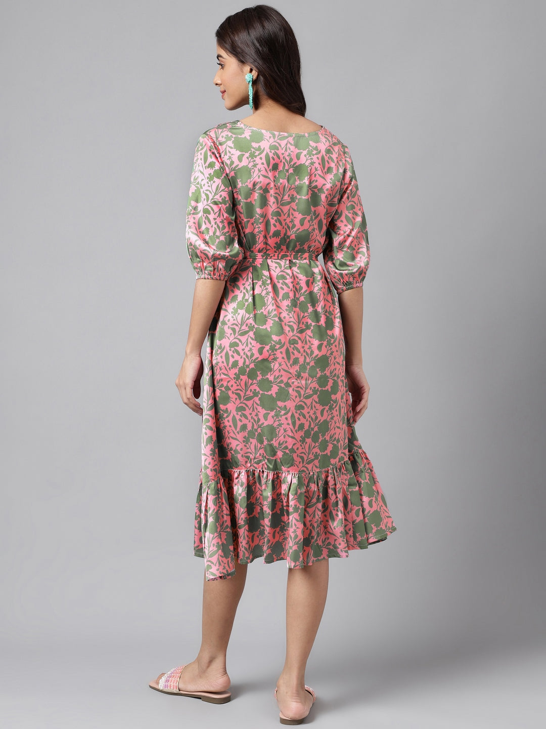 Janasya Women's Pink Satin Digital Floral Printed A-line Ethnic Dress | Swadesiicart