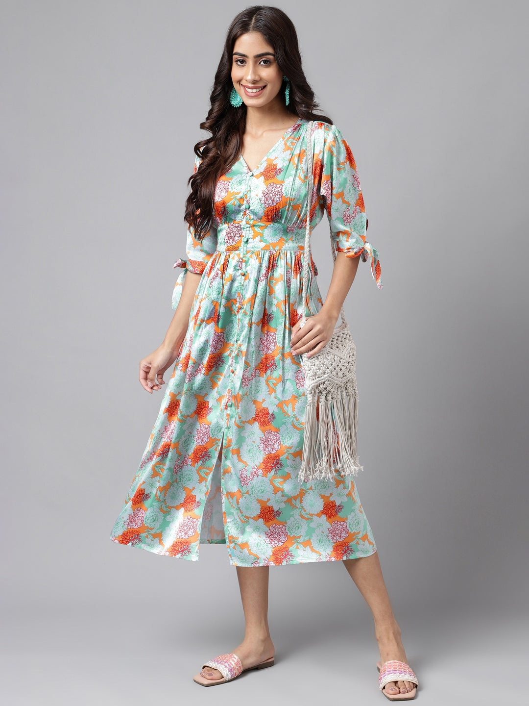 Janasya Women's Orange Satin Digital Floral Printed Flared Casual Dress | Swadesiicart