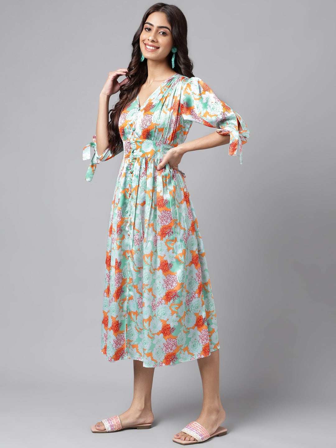 Janasya Women's Orange Satin Digital Floral Printed Flared Casual Dress | Swadesiicart