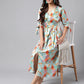 Janasya Women's Orange Satin Digital Floral Printed Flared Casual Dress | Swadesiicart