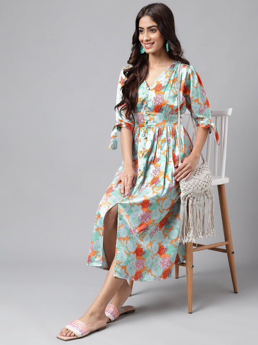 Janasya Women's Orange Satin Digital Floral Printed Flared Casual Dress | Swadesiicart