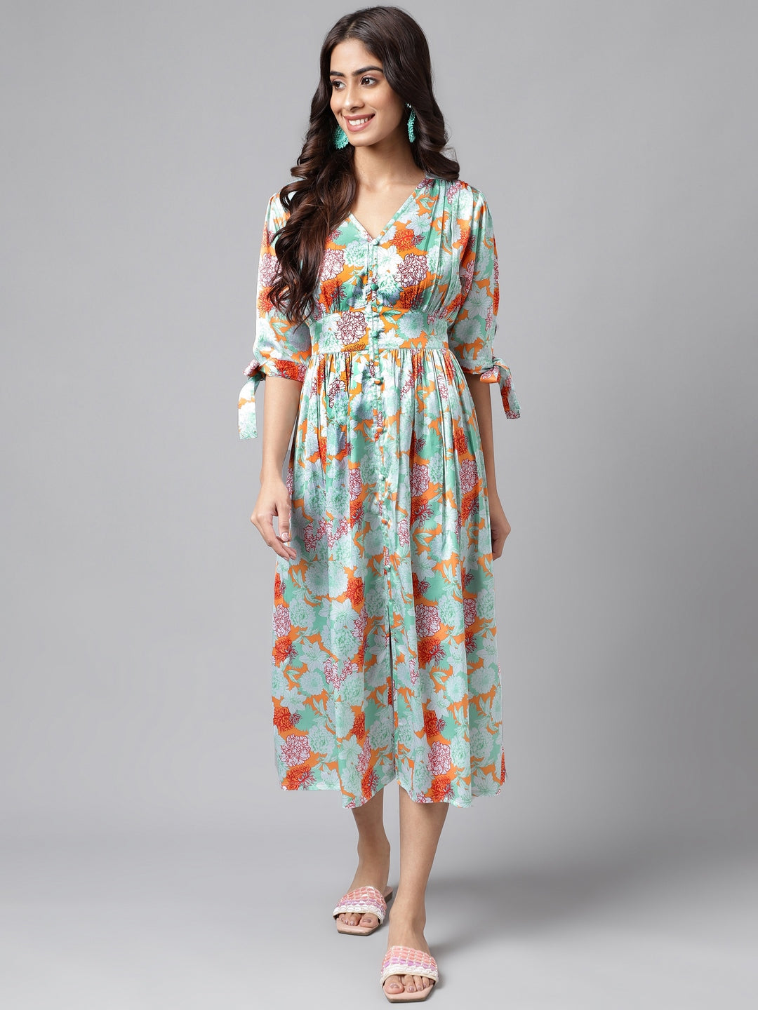 Janasya Women's Orange Satin Digital Floral Printed Flared Casual Dress | Swadesiicart