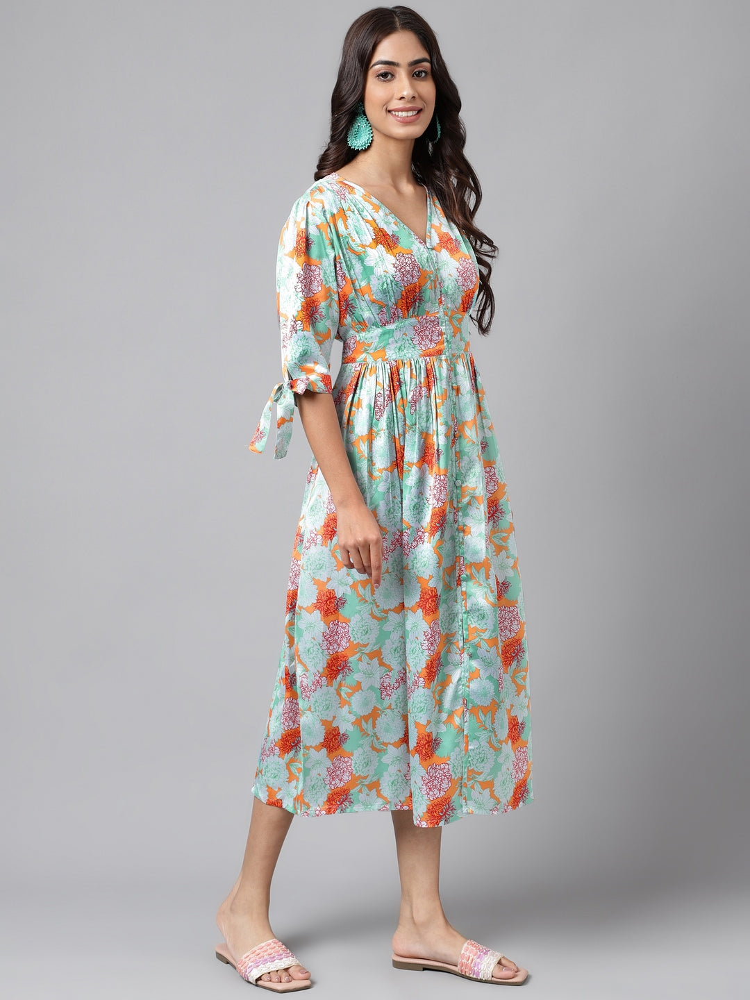 Janasya Women's Orange Satin Digital Floral Printed Flared Casual Dress | Swadesiicart