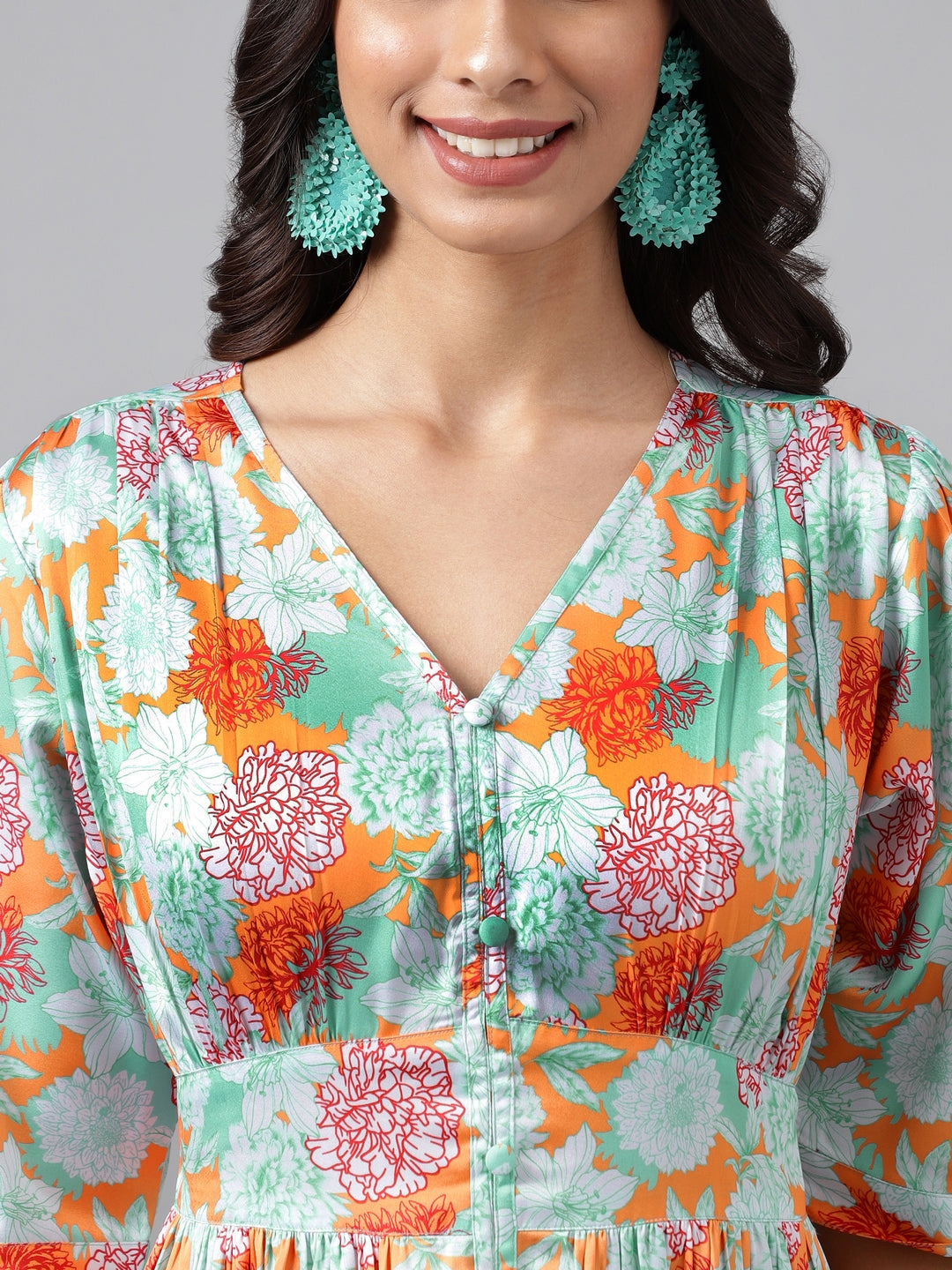 Janasya Women's Orange Satin Digital Floral Printed Flared Casual Dress | Swadesiicart