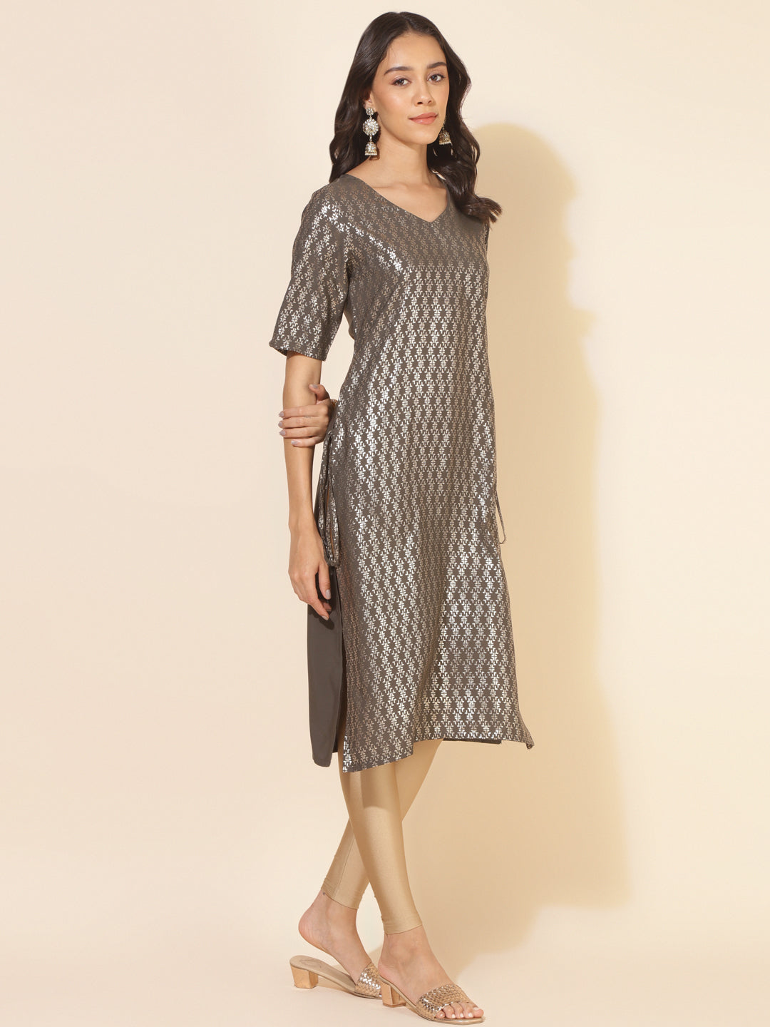 Janasya Grey Crepe Foil Printed Festive Kurta - Swadesiicart