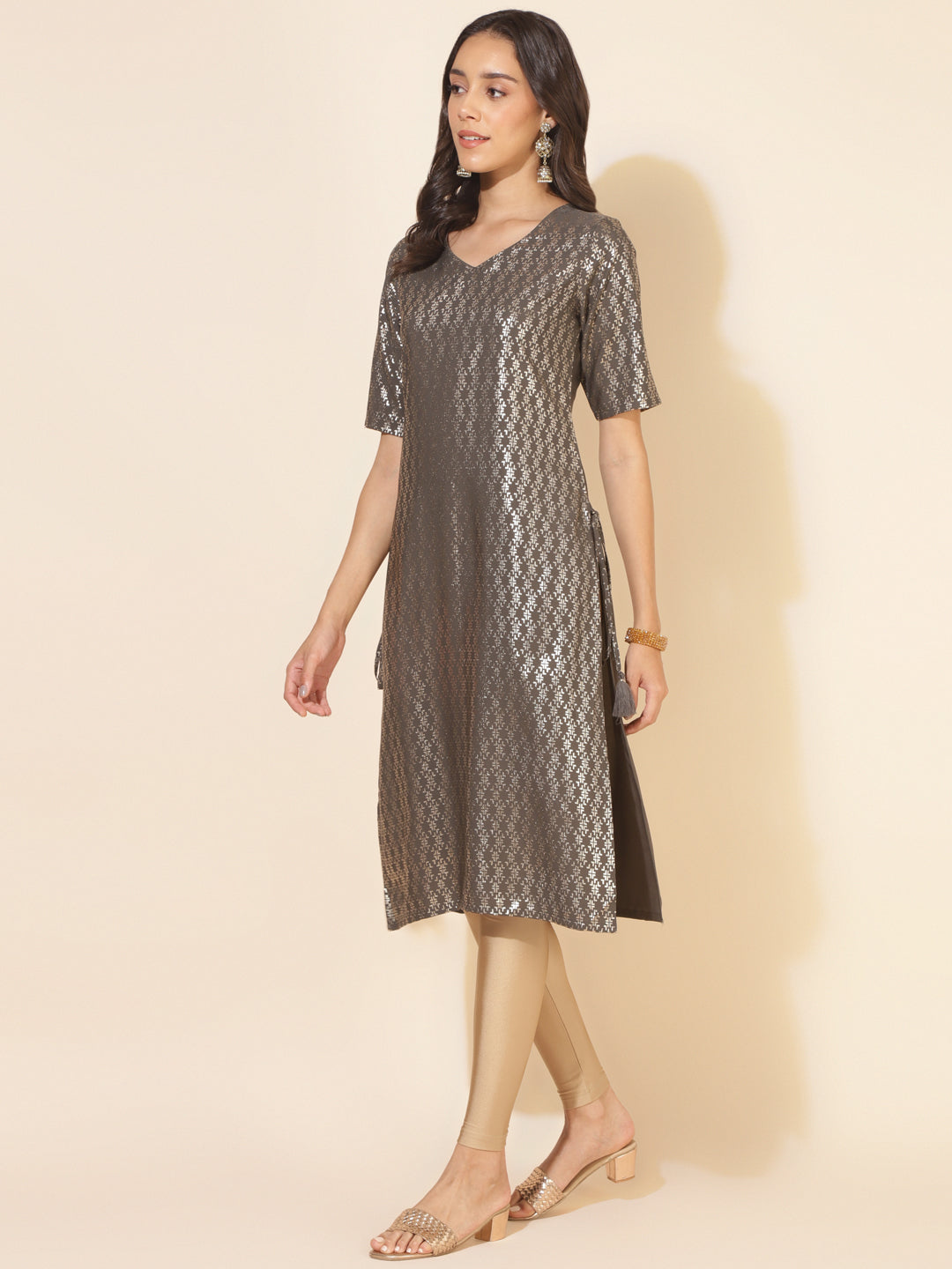 Janasya Grey Crepe Foil Printed Festive Kurta - Swadesiicart