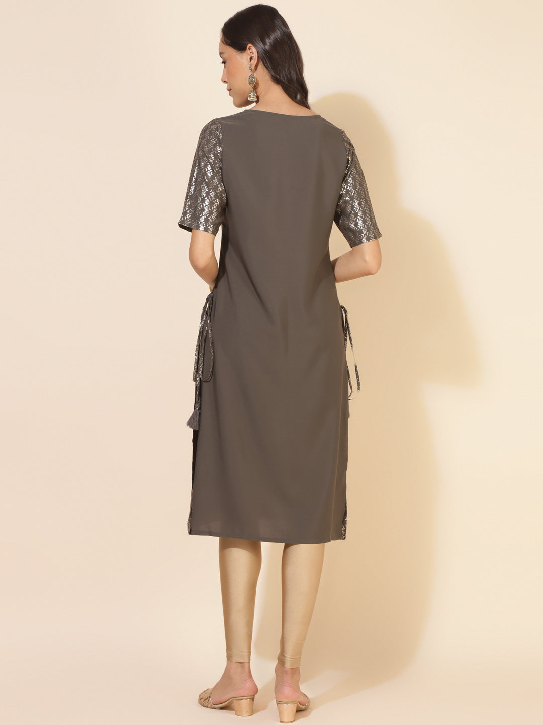 Janasya Grey Crepe Foil Printed Festive Kurta - Swadesiicart
