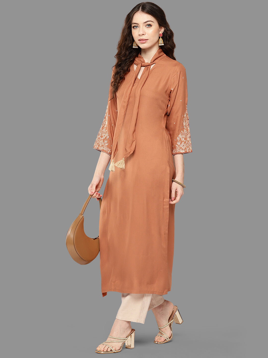 Janasya Peach Rayon Solid Straight Kurta | Swadesiicart