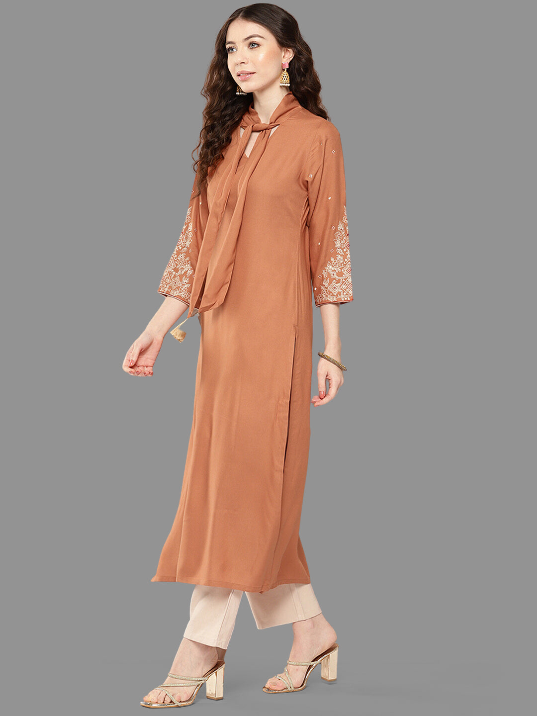 Janasya Peach Rayon Solid Straight Kurta | Swadesiicart