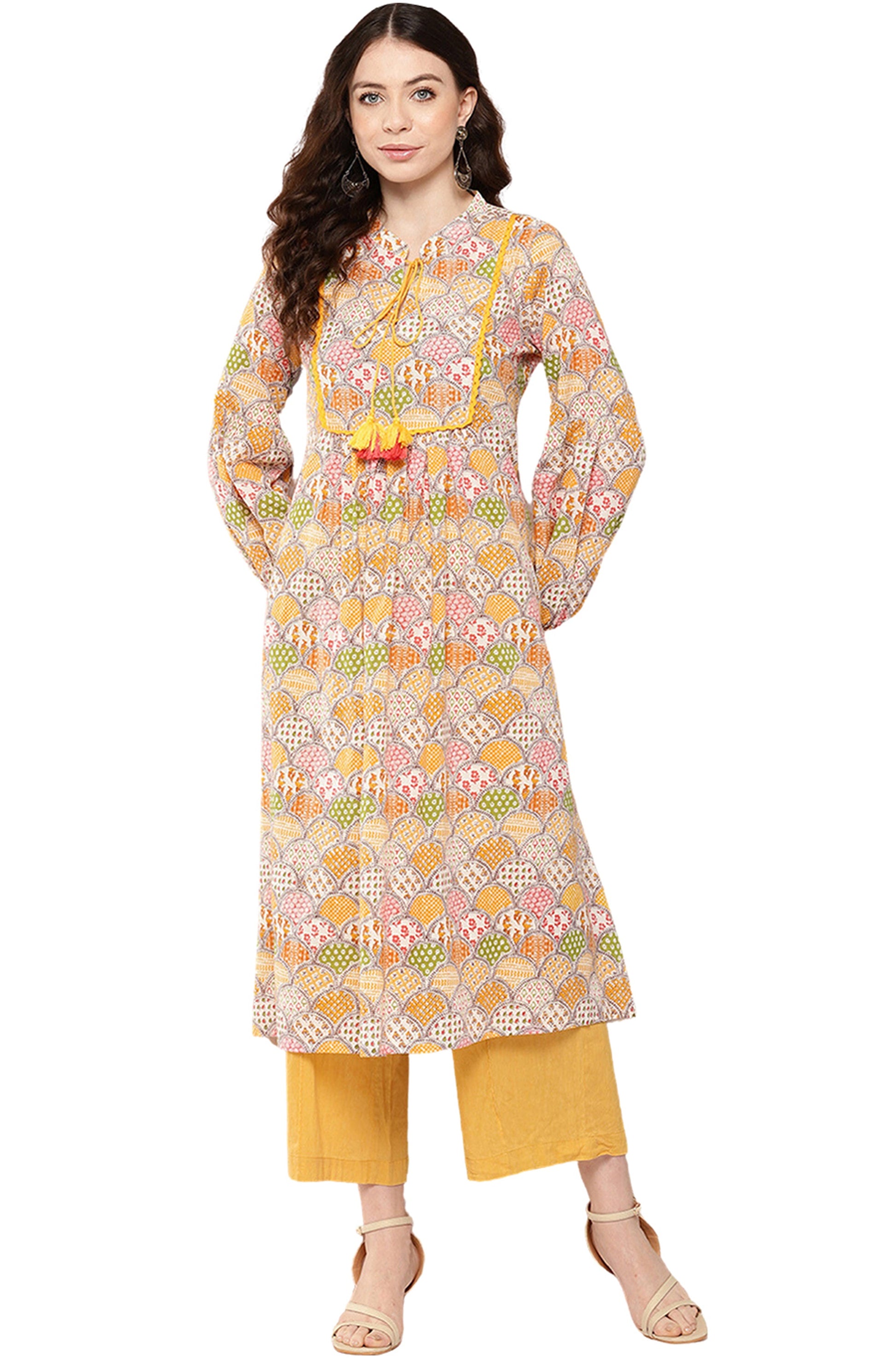 Janasya Multicolor Cotton Ethnic Motifs A-Line Kurta - Swadesiicart