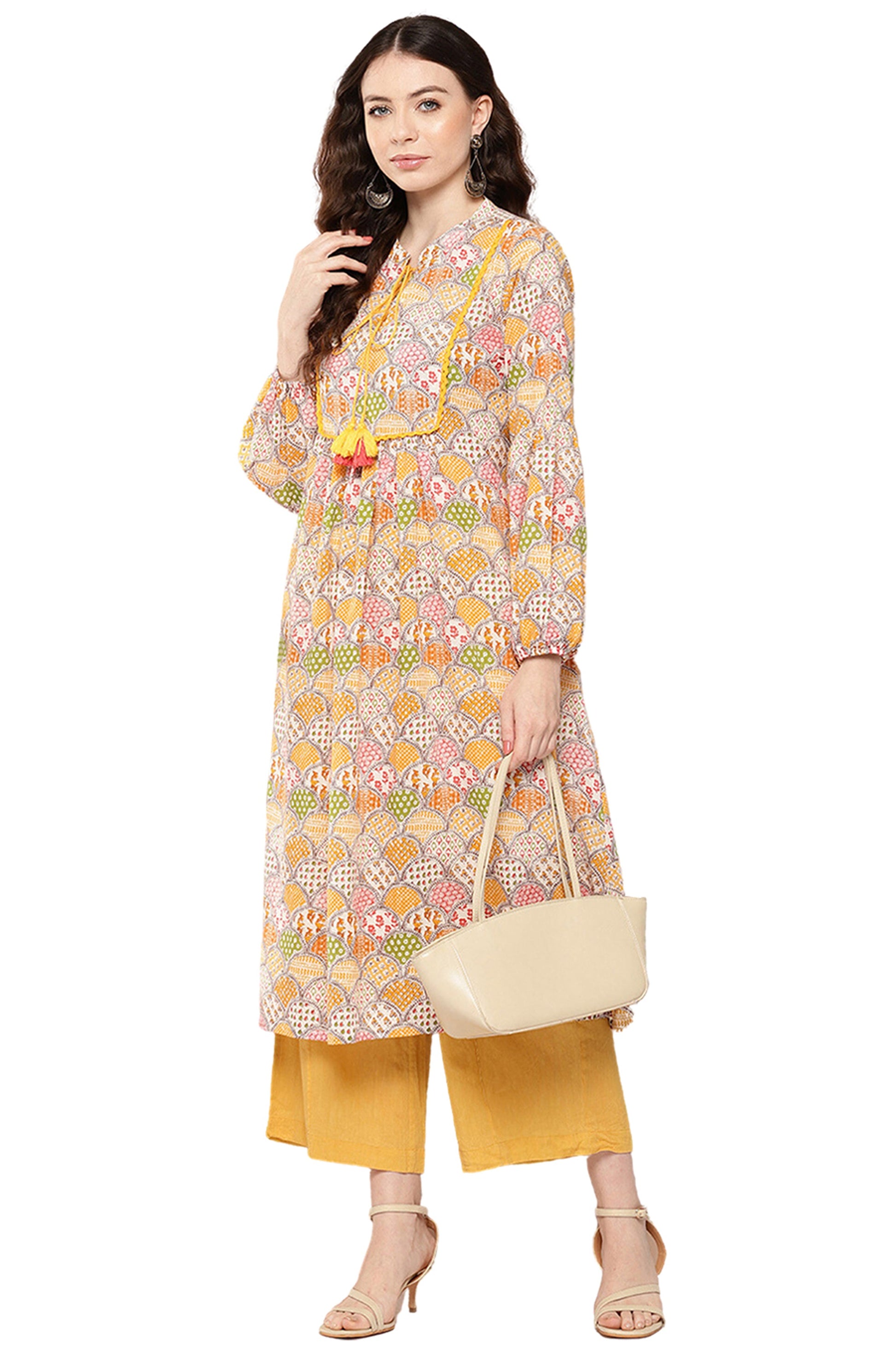 Janasya Multicolor Cotton Ethnic Motifs A-Line Kurta - Swadesiicart
