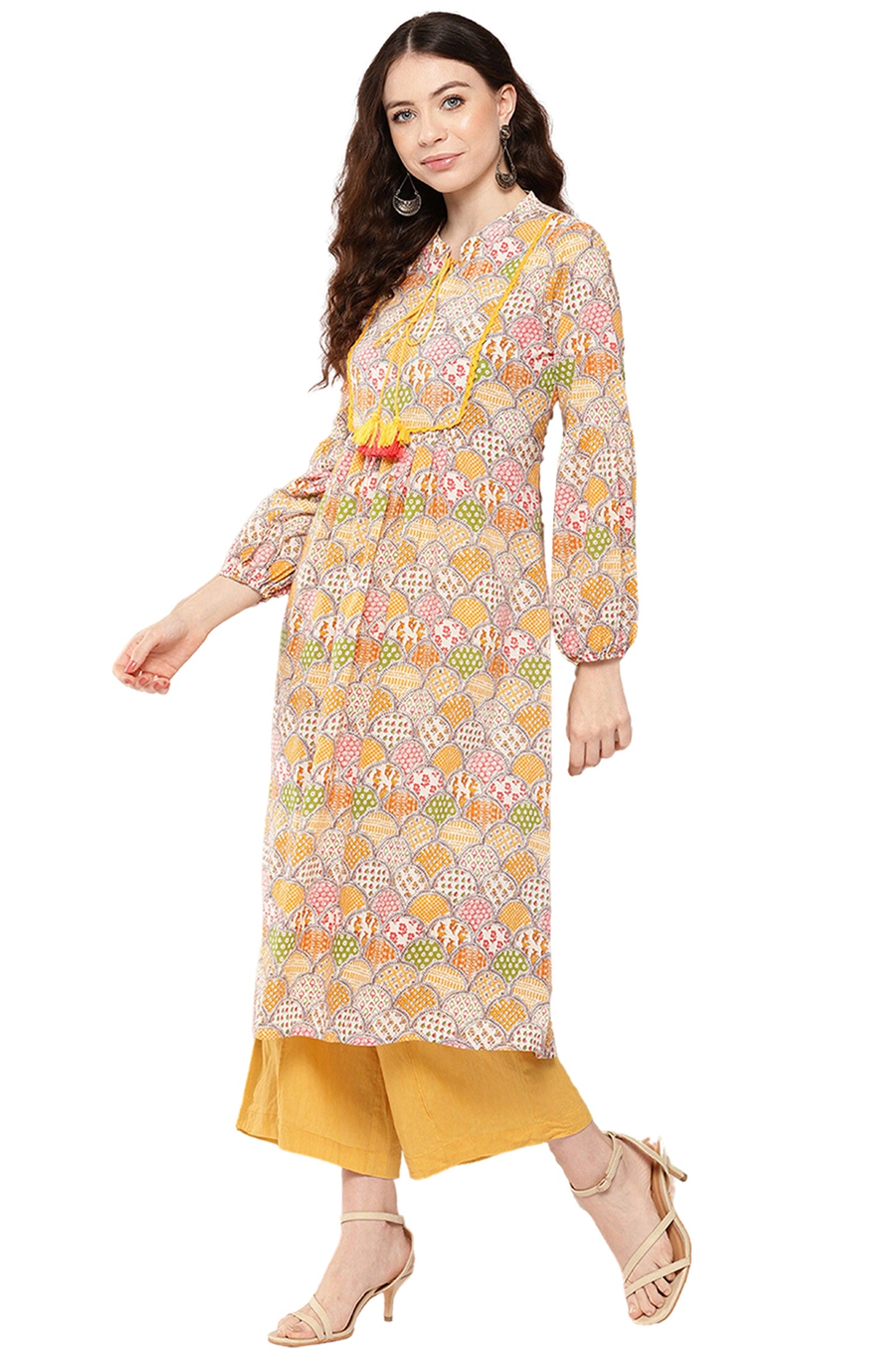 Janasya Multicolor Cotton Ethnic Motifs A-Line Kurta - Swadesiicart