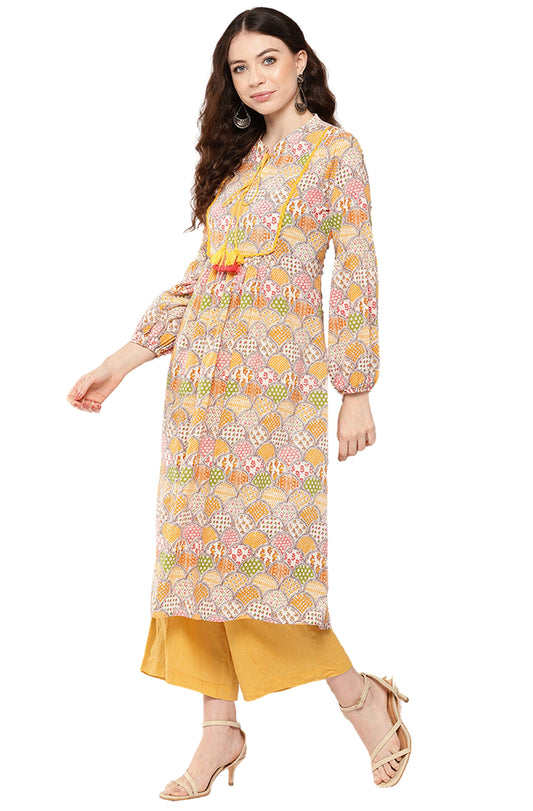Janasya Multicolor Cotton Ethnic Motifs A-Line Kurta - Swadesiicart