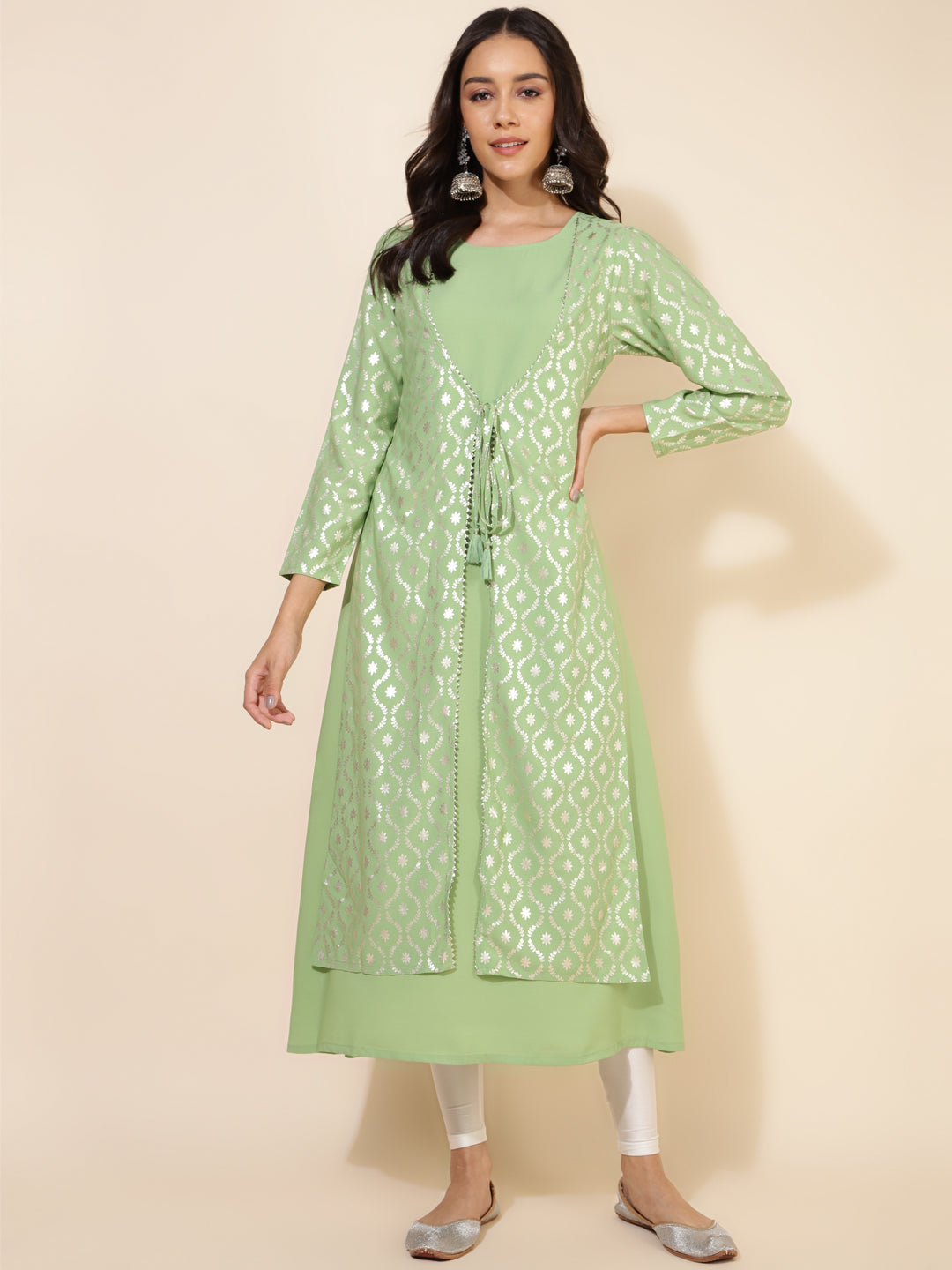 Janasya Light Green Crepe Foil Printed Festive Kurta | Swadesiicart