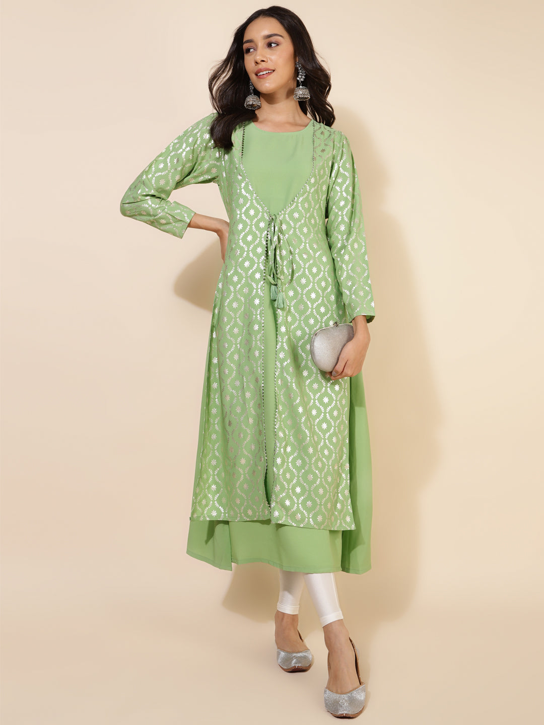 Janasya Light Green Crepe Foil Printed Festive Kurta | Swadesiicart