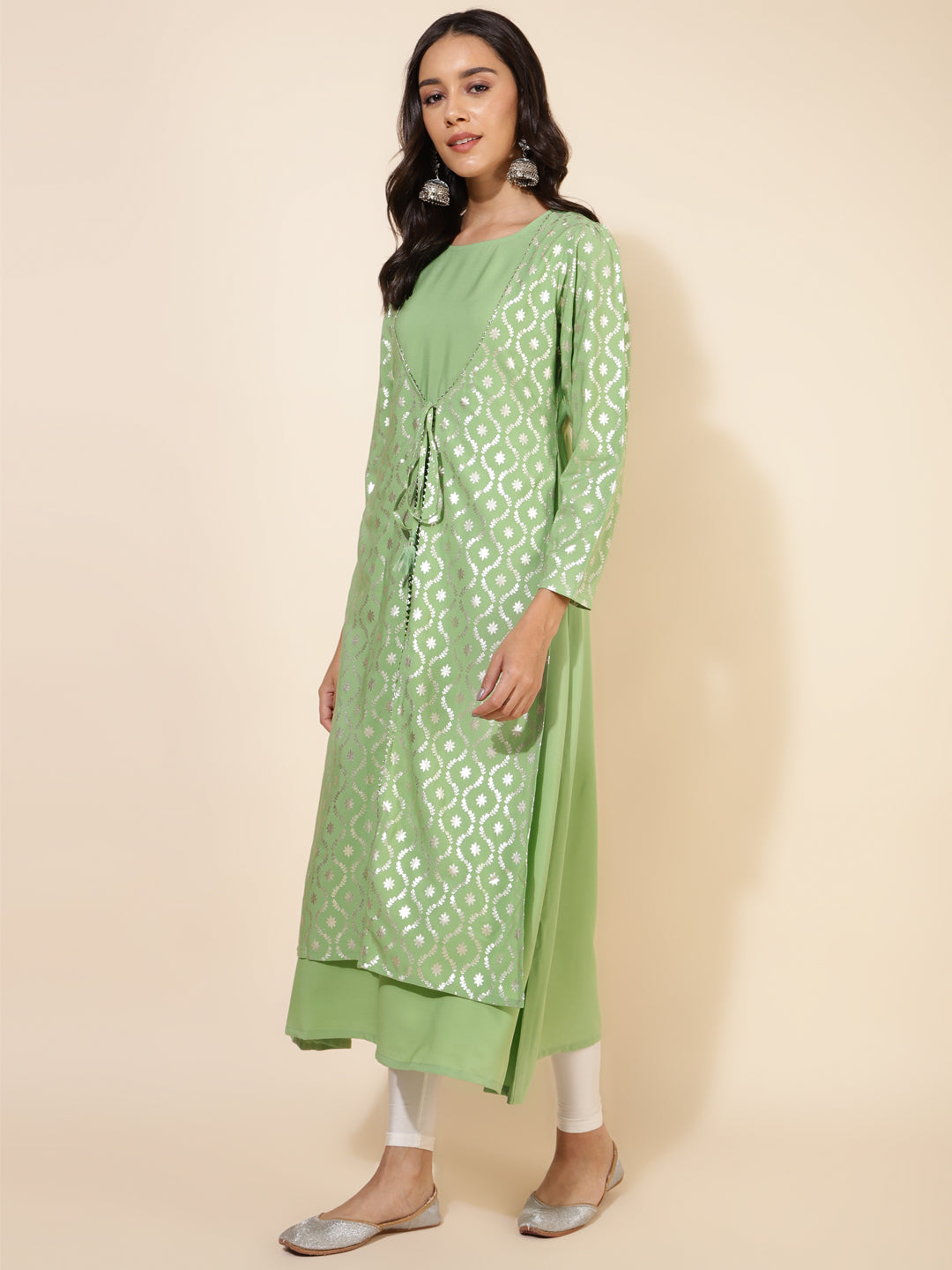 Janasya Light Green Crepe Foil Printed Festive Kurta | Swadesiicart