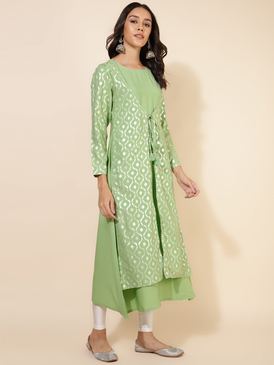 Janasya Light Green Crepe Foil Printed Festive Kurta | Swadesiicart