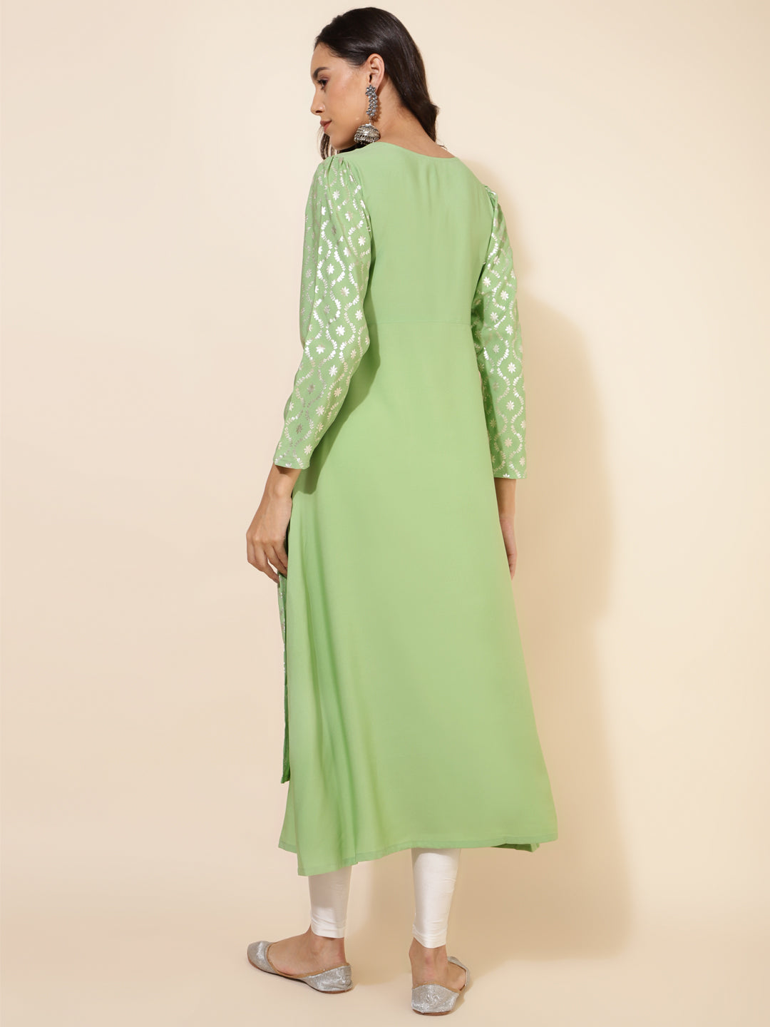 Janasya Light Green Crepe Foil Printed Festive Kurta | Swadesiicart