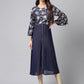 Janasya Women's Navy Blue Georgette Foil Printed Festive A-Line Kurta | Swadesiicart