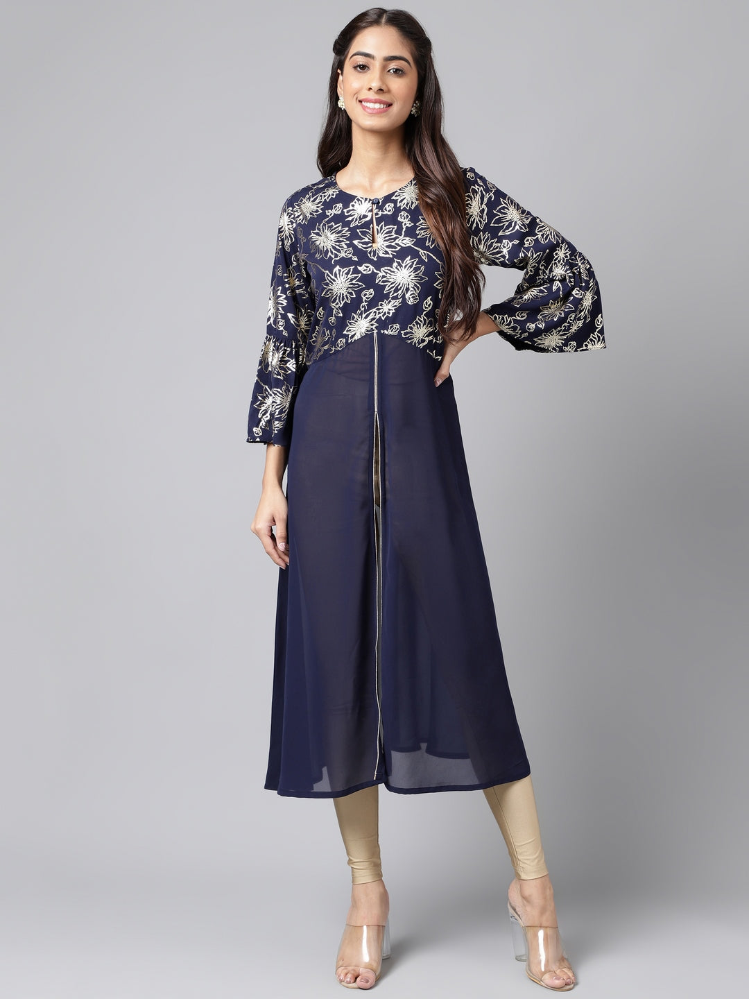 Janasya Women's Navy Blue Georgette Foil Printed Festive A-Line Kurta | Swadesiicart