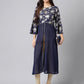 Janasya Women's Navy Blue Georgette Foil Printed Festive A-Line Kurta | Swadesiicart